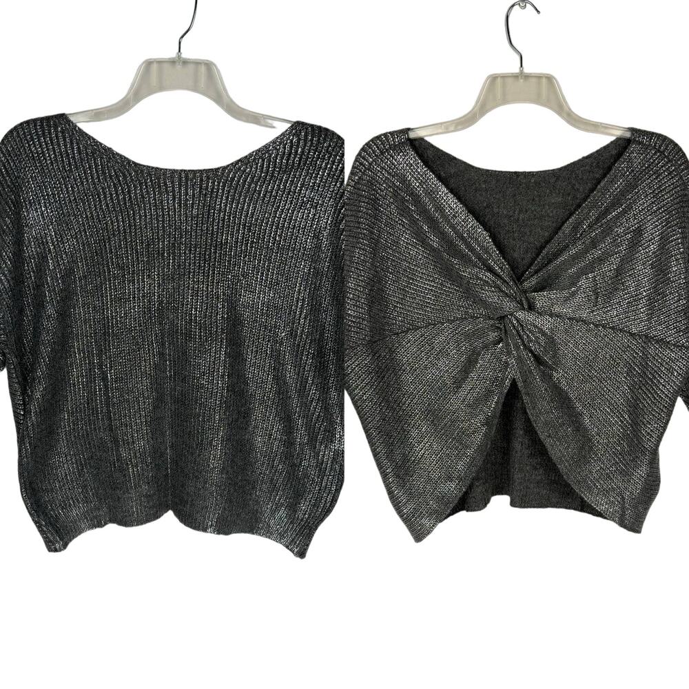 GB Gianni Bini | Gray Knit Silver Metallic Back Knot Sweater | Women's Large